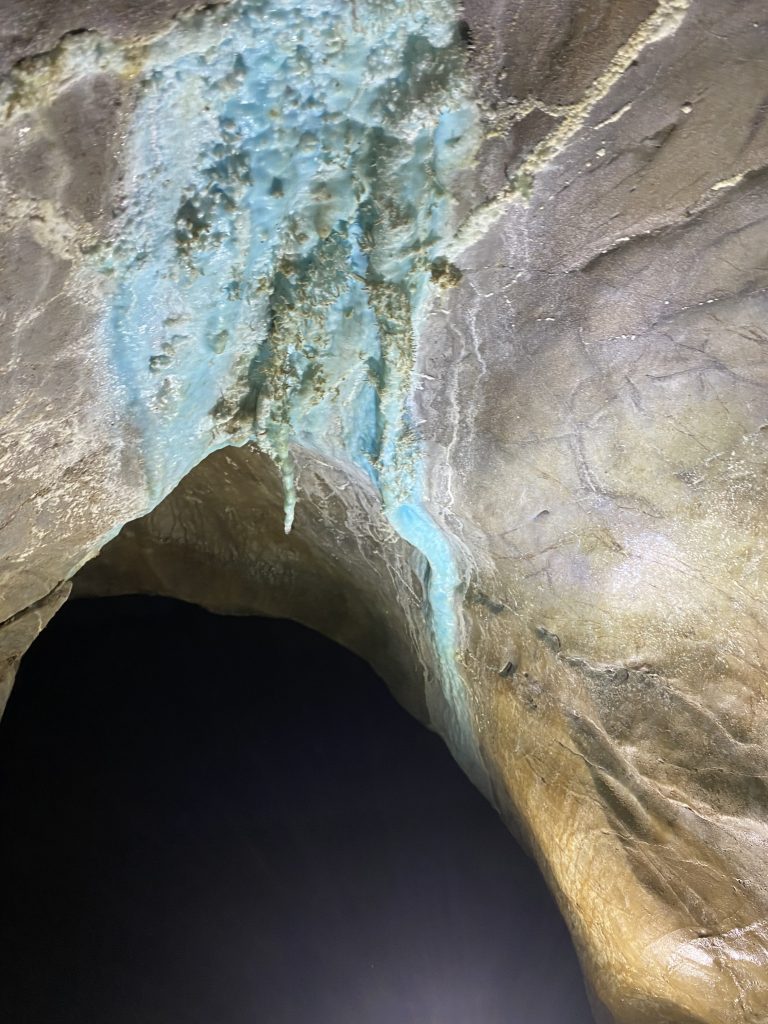 Copper minerals causing a blue hue to calcite formations in a Vancouver Island Cave